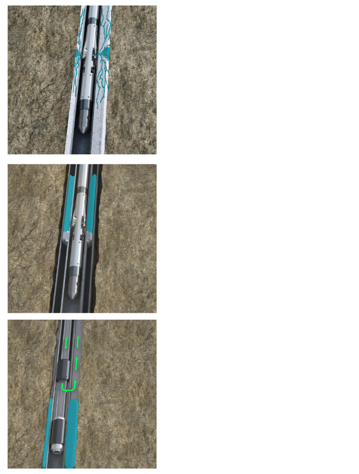 Picture 1 shows a tool that looks like a silver pipe, placed within the casing of an oil and gas well where there is a leak. Picture 2 shows the turquoise epoxy squeezed out into the annulus - sealing the leak. Picture 3 shows the well with the expoxy plug in place, but the tool removed.  